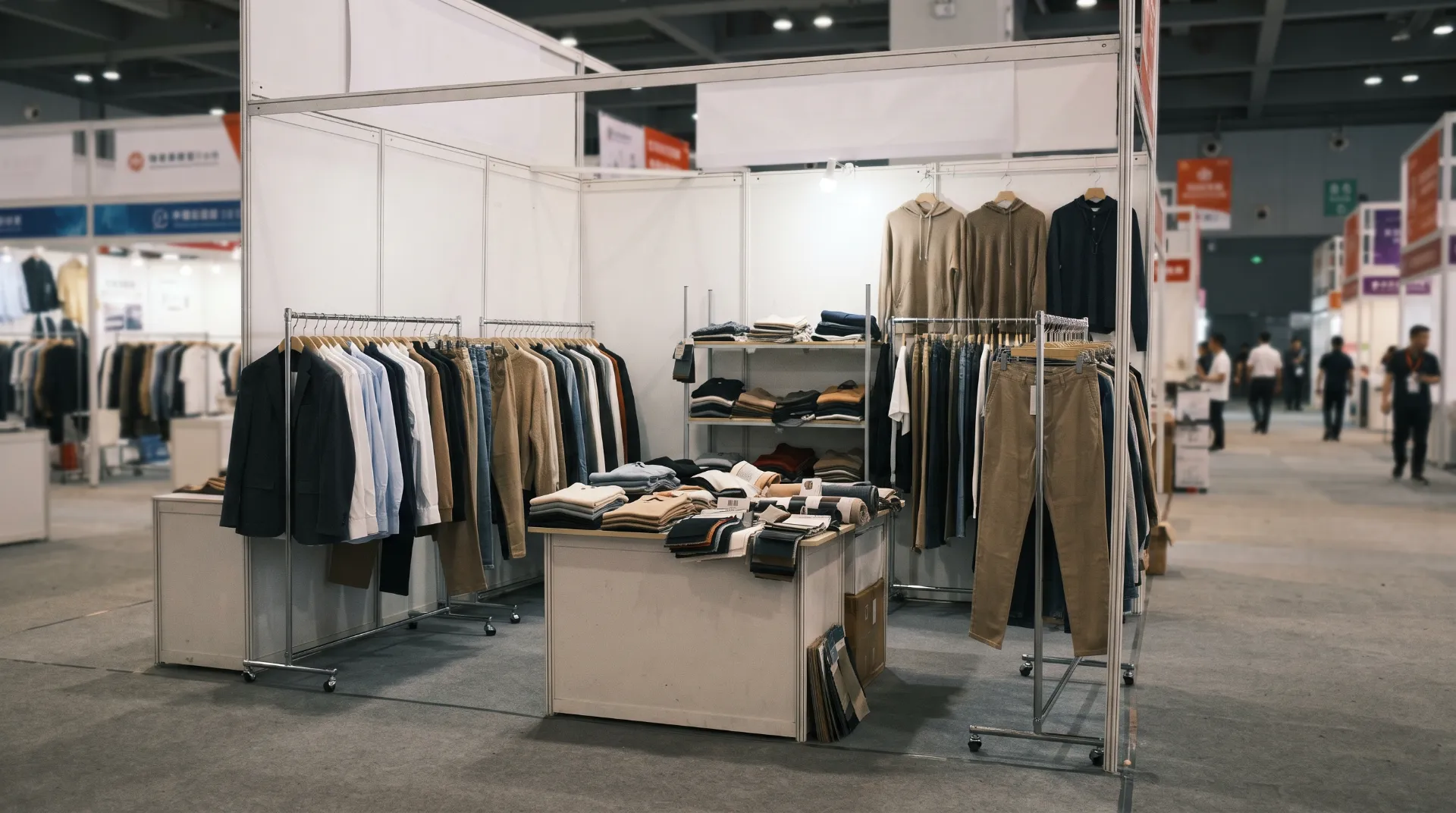 Apparel manufacturer's trade-fair stand with garment rails and fabric swatches