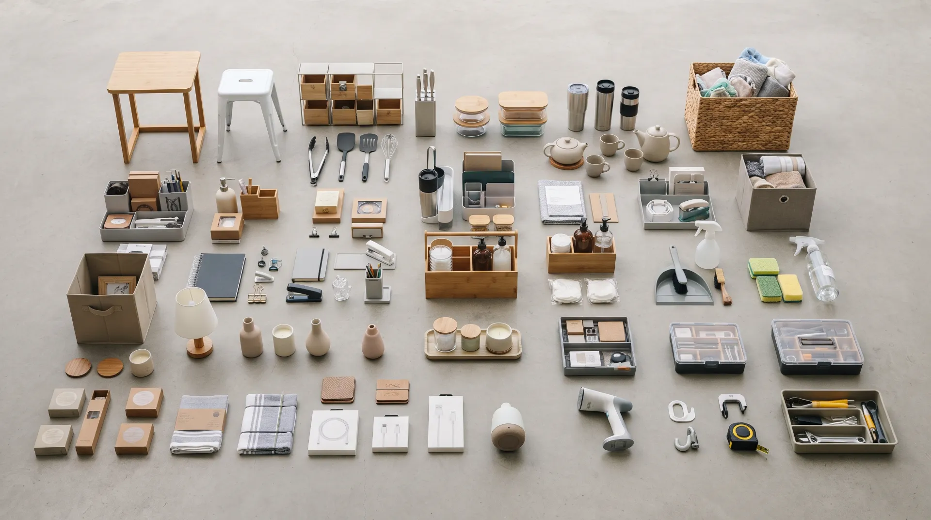 Flat lay of home, kitchen and lifestyle goods arranged for range review