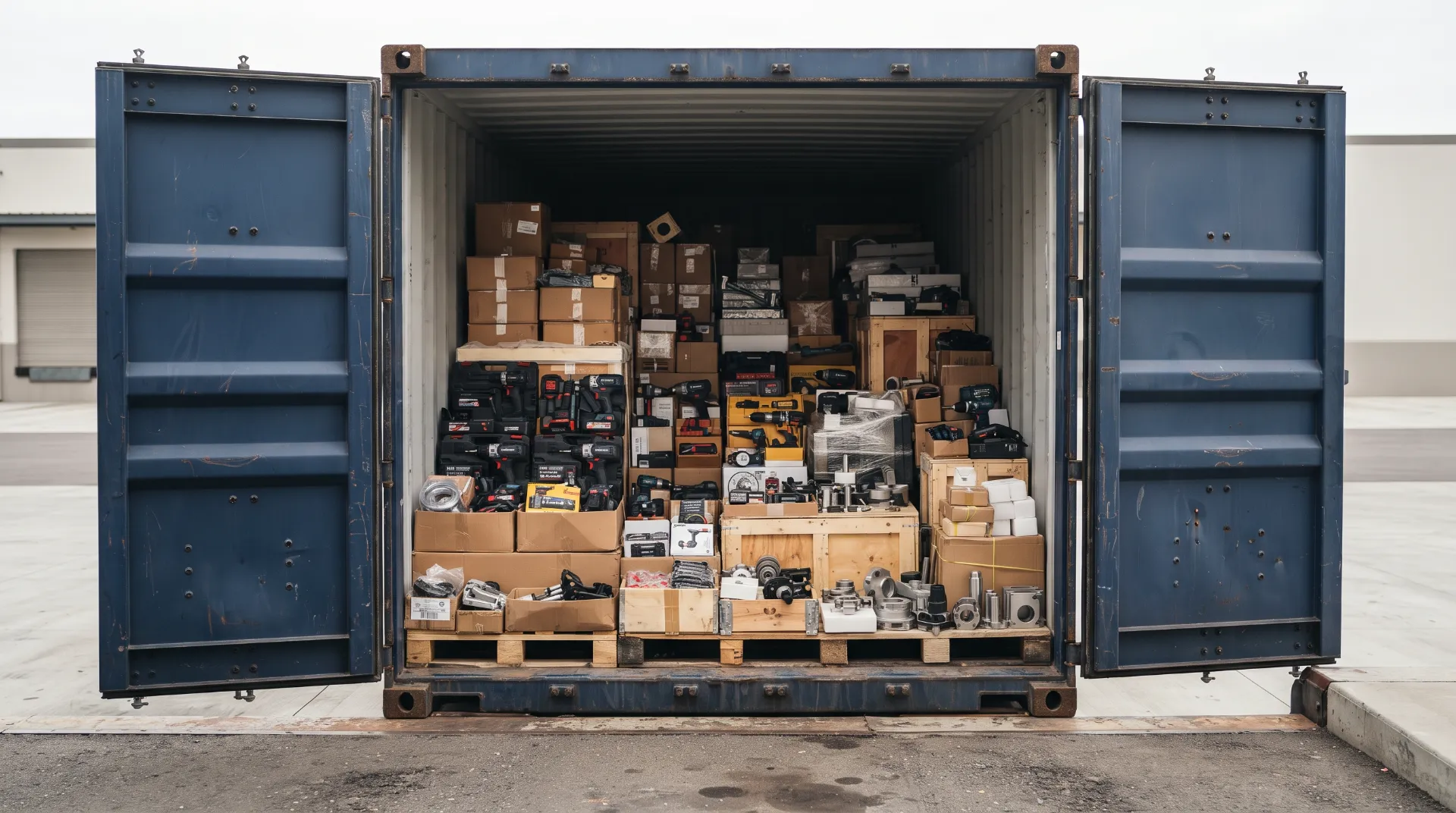 Export container loaded with power tools, machined parts and crated hardware