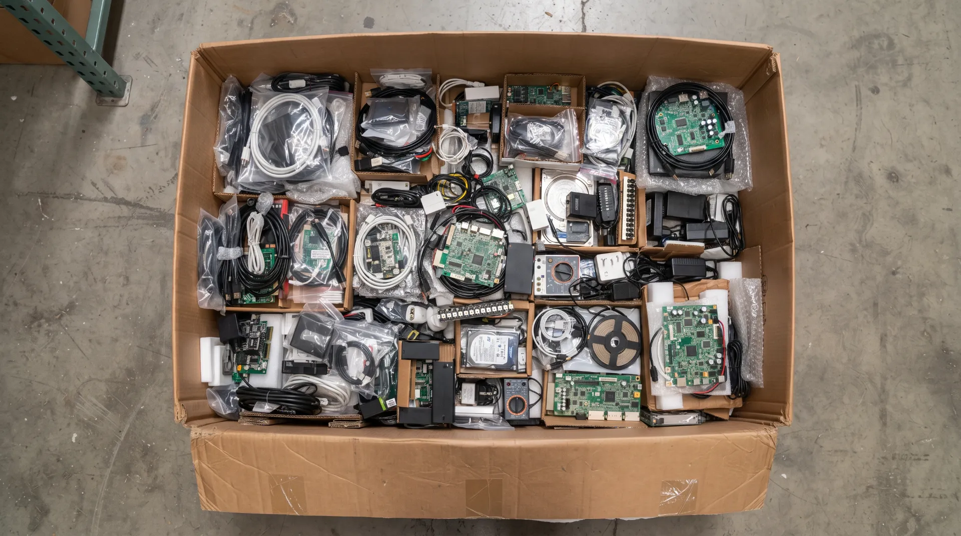 Cartons of electronic assemblies, boards and cable sets ready for export