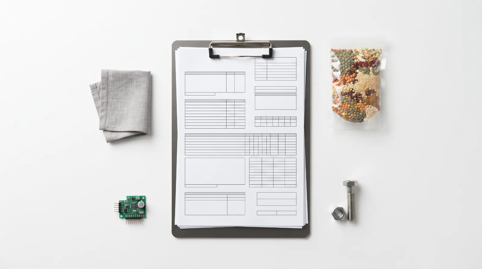 A blank specification sheet on a clipboard beside a fabric swatch, a circuit board, a bolt and a sample pouch of dried ingredients